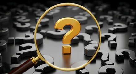 A golden question mark is under a magnifying glass, surrounded by blurred question marks, symbolizing inquiry and the search for answers
