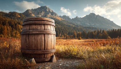Wooden barrel in autumnal mountain landscape