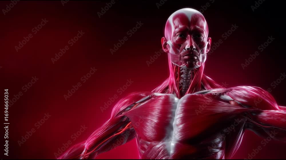 Aufkleber highly detailed anatomical model with muscular structure illuminated in red light against dark backg