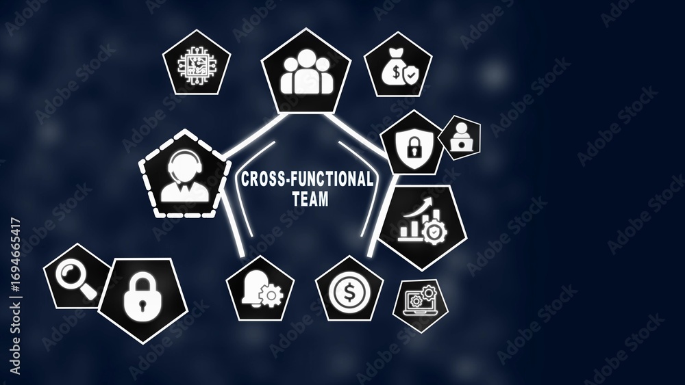 Poster cross- functional team concept diagram with icons and dark blue blurred background cross-functional 