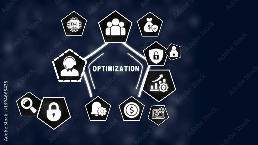 Poster digital diagram of business optimization with icons for technology teamwork finance security and gro