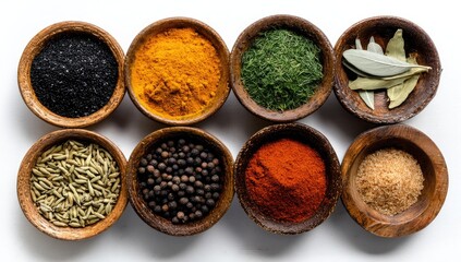 Aromatic spices in small wooden bowls (1)