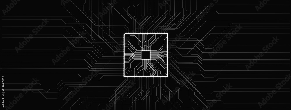 Poster a high-tech microchip is centered in a visually striking design against a black background. surround