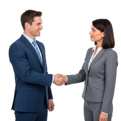 Professional business man and woman shaking hands in agreement isolated on transparent background