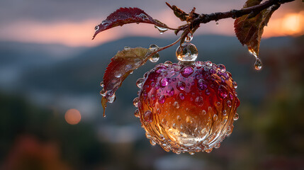 Obraz premium A big apple with dew drops, made of diamond hung on ranch in a beautiful dawn,in the background beautifu valleys. glass transparen apple