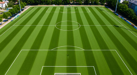 Obraz premium Aerial view of a meticulously striped green soccer field, ready for play.