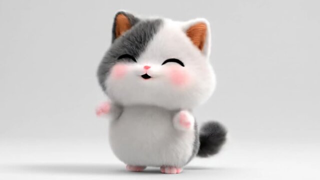 Smiling cartoon cat with black and white fur in a bright studio setting