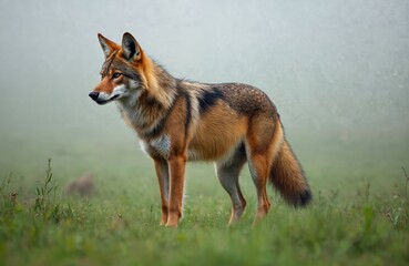 Fototapeta premium Maned wolf stands alert in rich green grass, misty background. This rare canine with distinctive long legs and reddish-brown fur is a solitary predator of the South American cerrado.