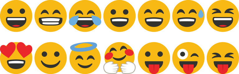 Fototapeta premium Colorful smiley emoji face set showing happy, laughing, winking, and love emotions. Perfect for chat, social media, and digital communication. Cute yellow expression icons collection.
