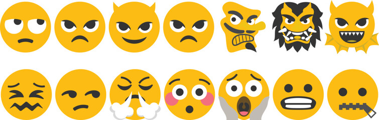 Scary and angry emoji face set with horror, devil, monster, and creepy expressions. Perfect for Halloween, comics, and spooky designs. Unique yellow icons with fear and shock moods.