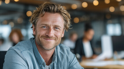 Smiling Male Executive in Open-Plan Office Environment
