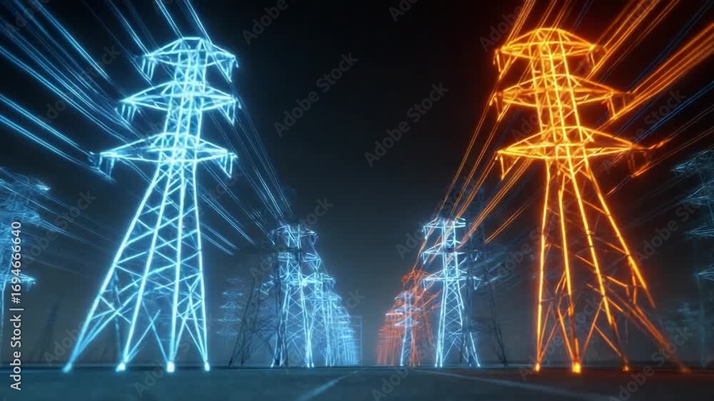 Poster power lines in the city: a dynamic, artistic rendering of an array of high-voltage power lines, radi