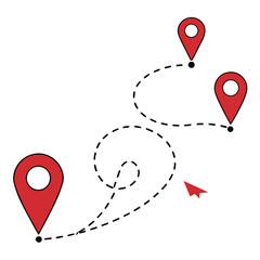 Explore new destinations with vibrant red location markers and dotted paths, perfect for travel, mapping, and journey concepts