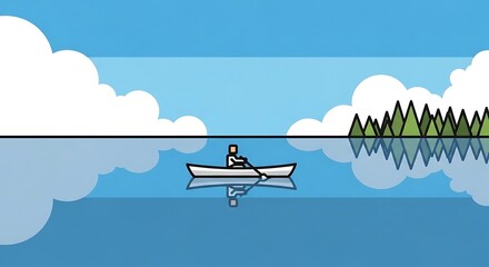 Man Rowing Boat with Calm Lake, and Pines.