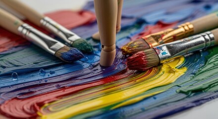 Obraz premium Close-up of vibrant colorful paint streaks with artist's brushes and wooden hand