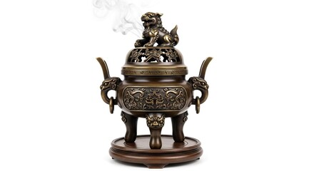 A bronze incense burner with a lion figure atop the lid emitting smoke against a white backdrop