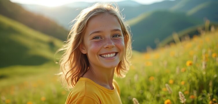 Young girl with freckles smiles warmly outdoors on sunny day. Stands in field of wildflowers with rolling green hills in background. Blonde hair blows gently in wind, conveying sense of freedom, pure - Powered by Adobe