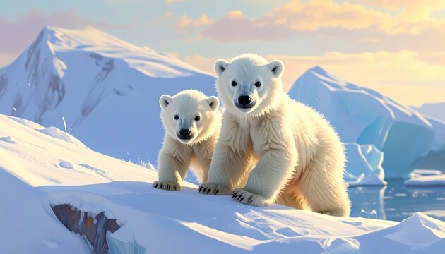 Two adorable polar bear cubs stand atop a snow-covered ice floe, bathed in the warm light of the arctic sunrise. - Powered by Adobe
