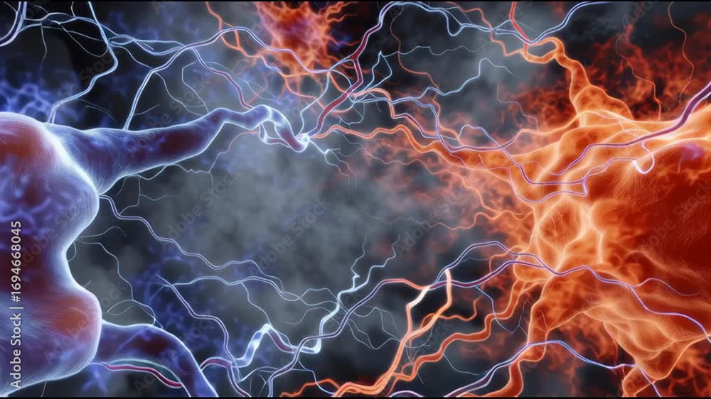 Poster vibrant neural connections in blue and red colors depicting dynamic energy and movement against a da
