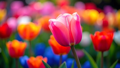 Vibrant tulips in a riot of spring colors, focused on a single, delicate pink bloom.
