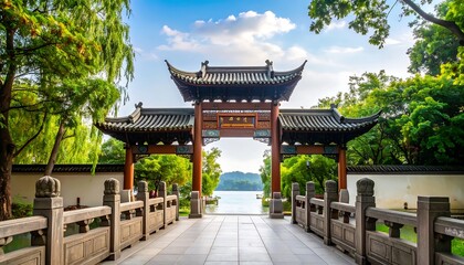 Fototapeta premium An ornately decorated archway with a tiled roof and intricate details stands as an entryway to a serene waterscape with a mountain visible in the distance. Lush green foliage frames the archway