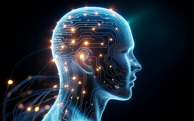 Abstract digital human head with glowing circuits and data flow symbolizing artificial intelligence and connectivity