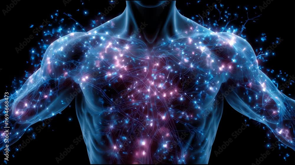 Poster vibrant visualization of the human lymphatic system with glowing energy particles illustrating healt