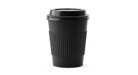 A black coffee cup with ribbed grip and lid sits on a white background