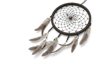 A dreamcatcher with feathers  beads Intricate web design in the center of the circle