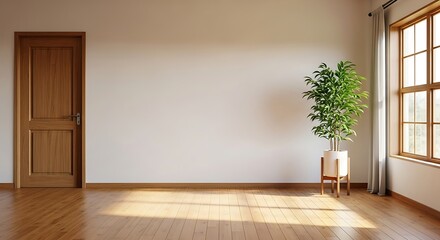 Obraz premium Bright and airy room featuring a wooden door, plant, and window, creating a serene and inviting atmosphere with natural light streaming in