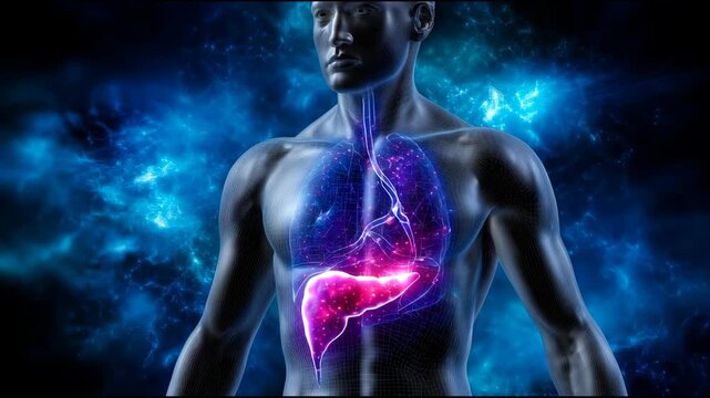 Visual Representation of the Human Anatomy Featuring a Highlighted Pancreas Amidst a Glowing Ethereal Background.Animation loop concept