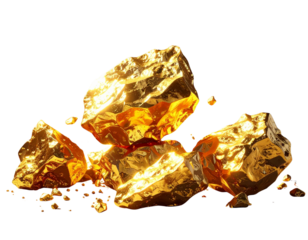 Abundant Gold Ore Collection, Sharp Edges, Lustrous Metallic Shine, Transparent BG.