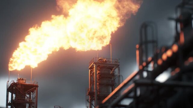 Industrial Flare: A dramatic display of fire and energy at an industrial plant, representing the power of technology and the environment in a compelling visual narrative.