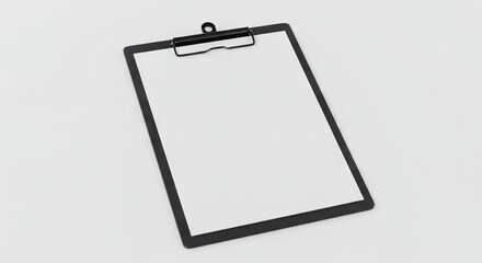 A blank white paper is clamped in a black clipboard set against a white backdrop
