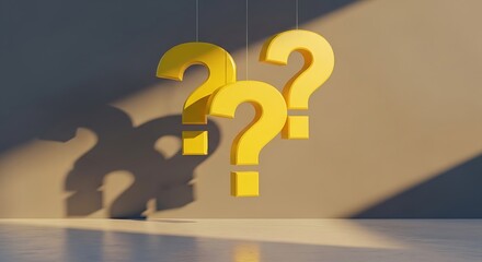 Three yellow question marks hanging in a brightly lit room casting a shadow on the wall, symbolizing uncertainty and the search for answers