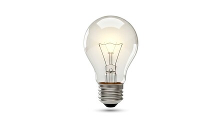 A clear glass incandescent lightbulb with metal base and filament isolated on a white background