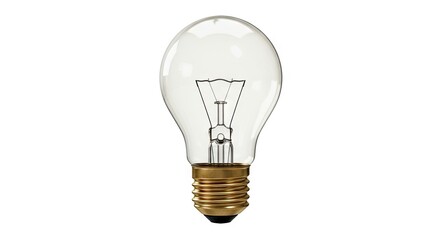 A clear light bulb with a visible filament on a white background