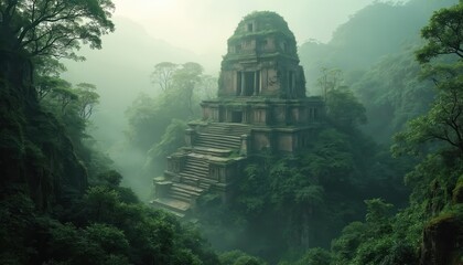 Ancient stone temple ruin overgrown with green jungle vegetation. Misty atmosphere surrounds mysterious weathered architecture with stone steps leading upwards. Serene landscape evokes history,