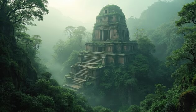 Ancient stone temple ruin overgrown with green jungle vegetation. Misty atmosphere surrounds mysterious weathered architecture with stone steps leading upwards. Serene landscape evokes history,