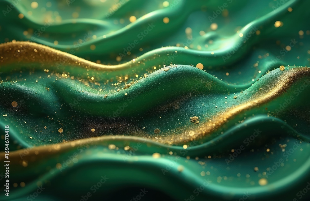 Aufkleber abstract green and gold flowing waves smooth texture with shimmering highlights. fluid design create