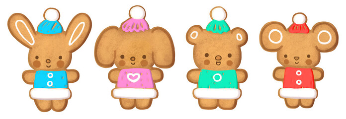 Animal santa gingerbread set. Happy holiday ornament ,cute  merry christmas illustration for children ,family . Transparent background .