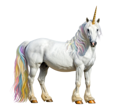 White Unicorn with Flowing Rainbow Mane, Standing Front View, Isolated on Transparent Background
