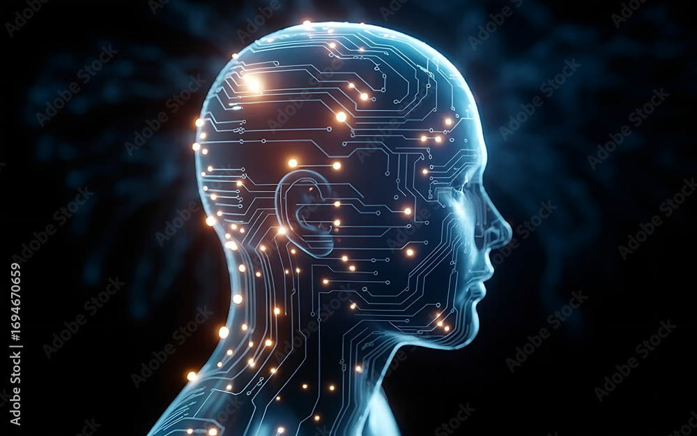 Poster futuristic digital mind with glowing circuits representing artificial intelligence and innovation