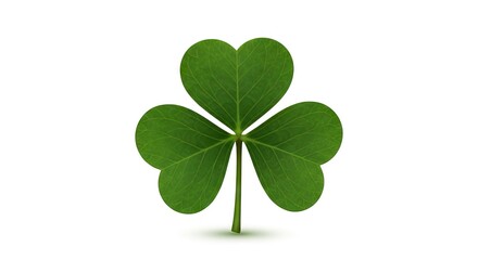 A bright green shamrock with 3 heartshaped leaves stands against a white background casting a small shadow