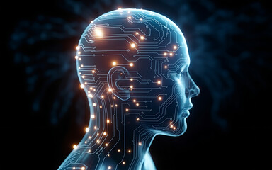 Futuristic digital mind with glowing circuits representing artificial intelligence and innovation
