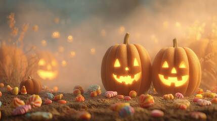 Glowing jack-o-lanterns with Halloween candy in foggy autumn night scene