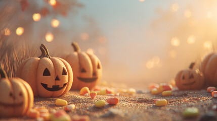 Halloween pumpkins with candy on autumn ground &ndash; festive jack-o-lantern scene