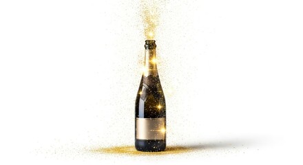 A champagne bottle explodes with glitter on a white background