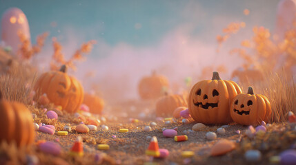 Naklejka premium Smiling jack-o-lantern pumpkins with Halloween candy in misty autumn field