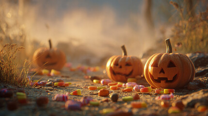 Halloween jack-o-lantern pumpkins with scattered candy on misty autumn ground